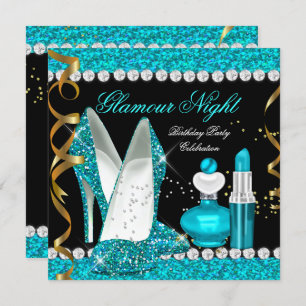 Convite Glitter Glamor Noite Teal Azul Dourado Partido 2