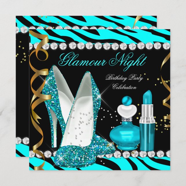 Convite Glitter Glamor Noite Teal Azul Dourado Zebra Negra (Frente/Verso)