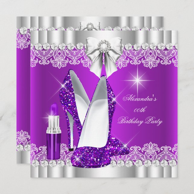 Convite Glitter Glamor Purple Hi Heels Lipstick (Frente/Verso)