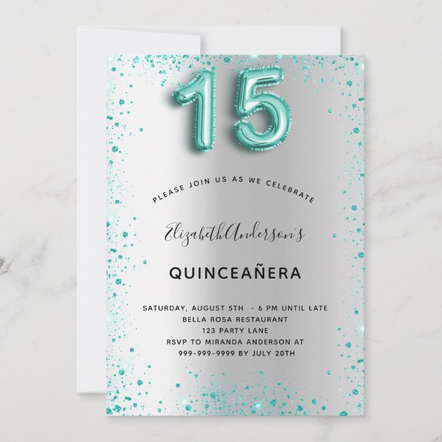 Convite Glitter glamouroso de prata de quinceanera (Frente)