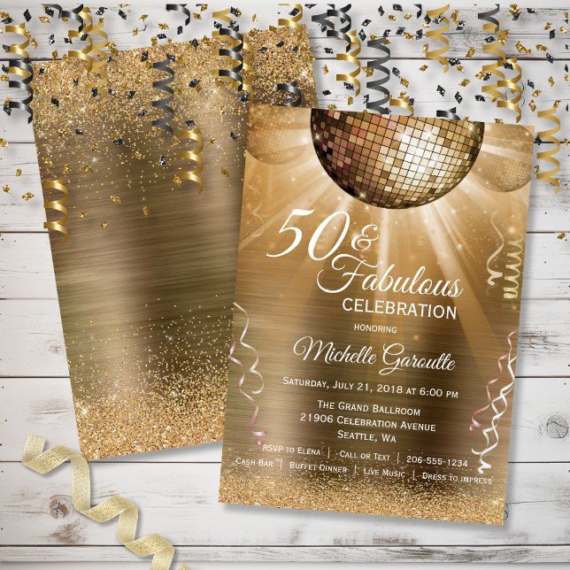 Convite Glitter Glitter 50 Dourado e Bola Disco Fabulosa (Gold Glitter Glam 50 and Fabulous Disco Ball Invitation)