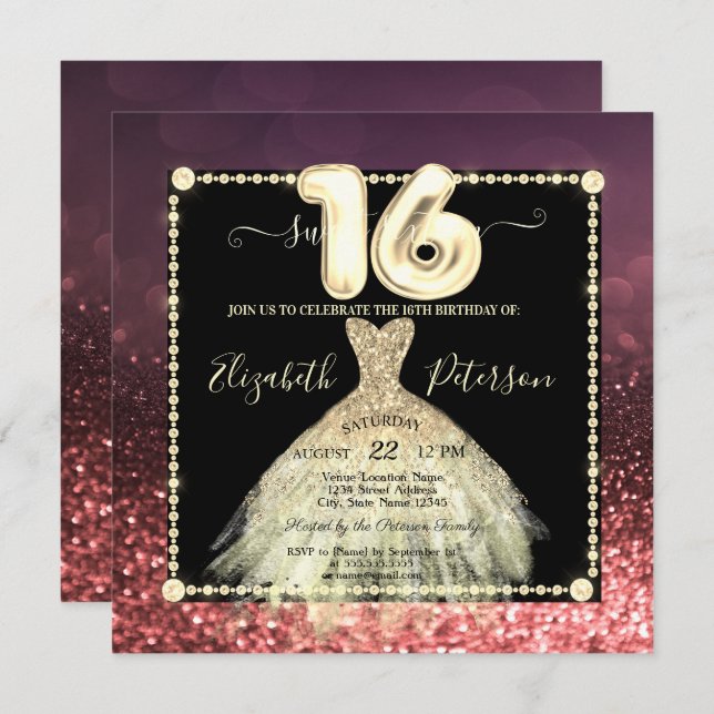 Convite Glitter Glitter Burgundy Dourado Chic Sweet 16 (Frente/Verso)
