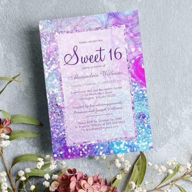 Convite Glitter glitter de lavanda lilac-glitter 16 doce (Girly lilac lavender teal marble glitter Sweet 16 Invitation )