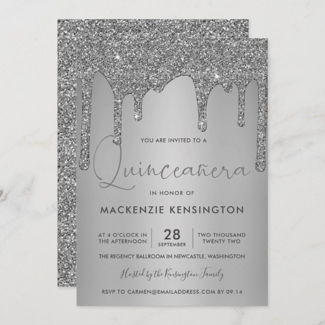 Convite Glitter Glitter De Silver Chic Drives Quinceañera (Frente/Verso)