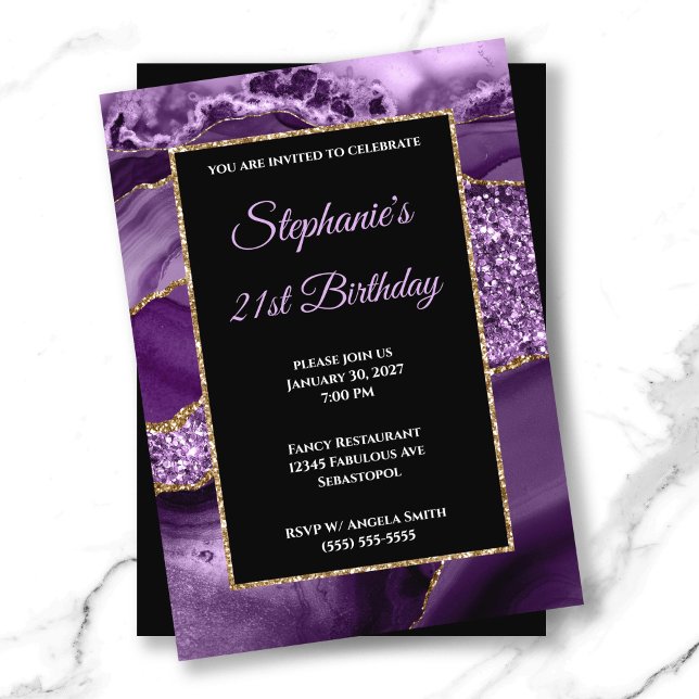 Convite Glitter Glitter Dourado de Agato Roxo aniversário  (Purple Agate Gold Glitter Glam 21st Birthday Invitation)