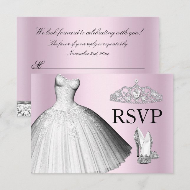 Convite Glitter Glitter Dress & Heels Quinceanera RSVP (Frente/Verso)
