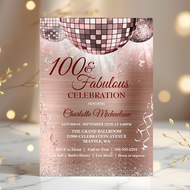 Convite Glitter Glitter Glitter 100º Bola de Disco de Aniv (Rose Gold Glitter Glam 100th Birthday Disco Ball Invitation)