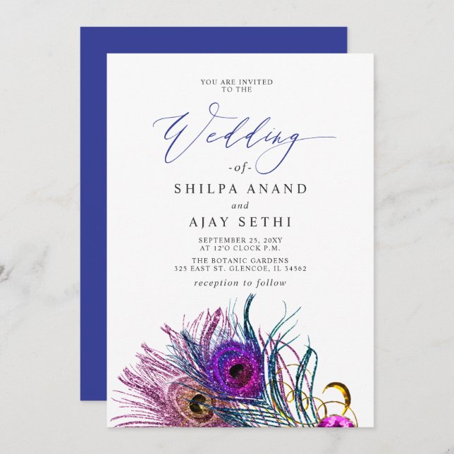 Convite Glitter Gold Blue Purple Peacock Plume Wedding (Frente/Verso)