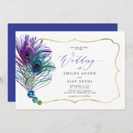 Convite Glitter Gold Blue Purple Peacock Plume Wedding