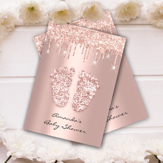 Convite Glitter Gota Rosa Dourada Pés De Chá De Bebê (Glitter Drips Rose Gold Baby Girl Shower Feet Invitation)