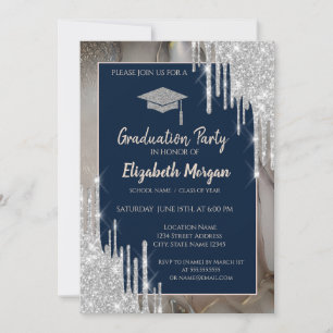 Convite Glitter GradCap, Gotejamento Prata, Azul Marinho M
