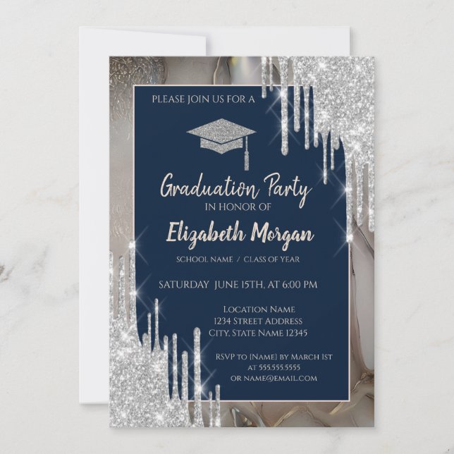 Convite Glitter GradCap, Gotejamento Prata, Azul Marinho M (Frente)