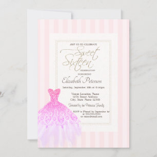 Convite Glitter Gress Rosa Stripes Doce 16