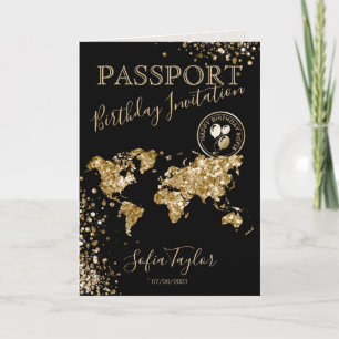 Convite Glitter Happy Birthday Passport Map Qualquer Idade