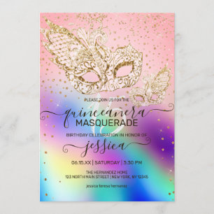 Convite Glitter Holographic Mascarada Quinceañera Dourada