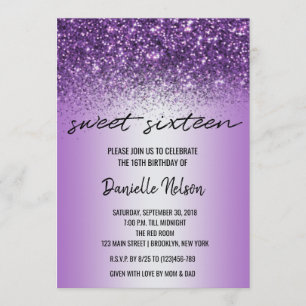 Convite Glitter Lavanda Roxo Confetti Sparkle Sweet 16