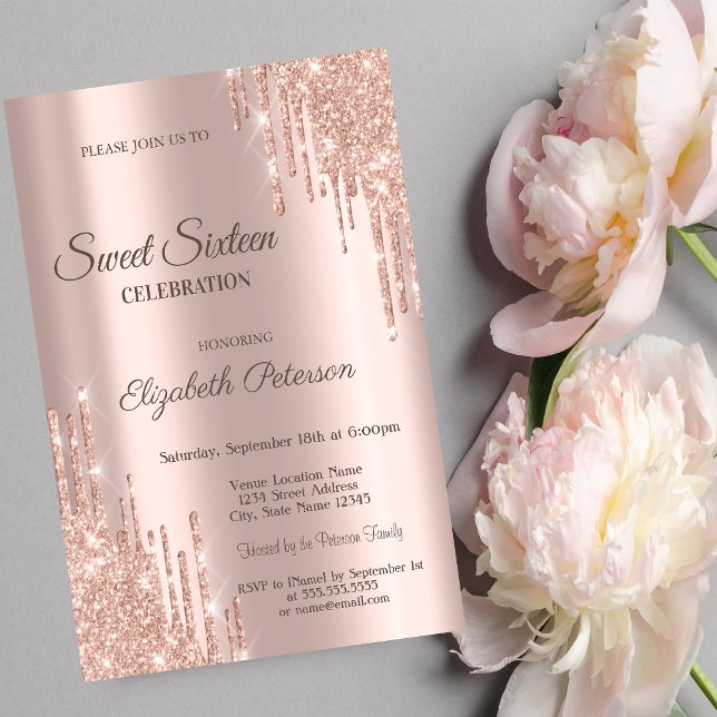 Convite Glitter Legal moderno Rosa Dourado Sweet 16 (Criador carregado)