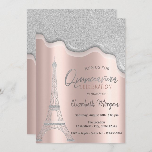 Convite Glitter legal, Torre Eiffel Quinceañera (Frente/Verso)