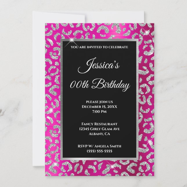 Convite Glitter Leopardo Prateado Bolo Aniversário Rosa Qu (Frente)