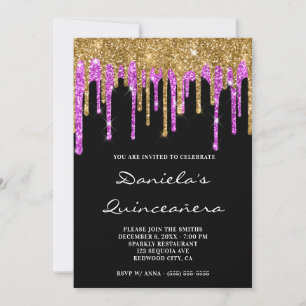 Convite Glitter Magenta Dourado Coloca Quinceñera Preta