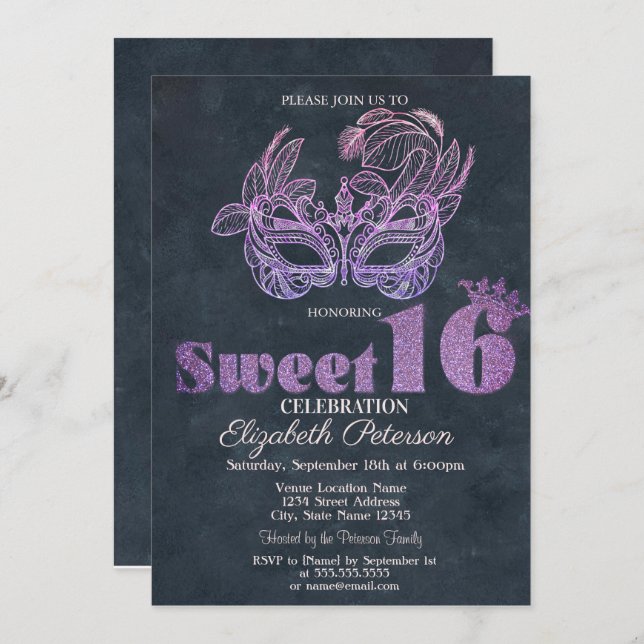 Convite Glitter Masque Violet Sweet 16 (Frente/Verso)