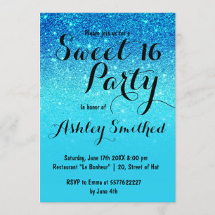 Convite Glitter mbre, teta azul-moderno, Sweet 16