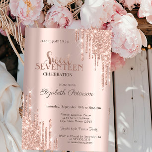 Convite Glitter Moderno Coloca Rosa Dourado Doce 17 Aniver