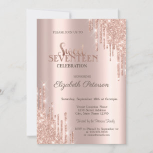 Convite Glitter Moderno Coloca Rosa Dourado Doce 17 Aniver