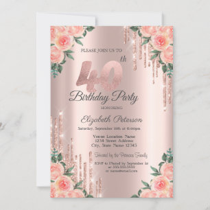 Convite Glitter Moderno Rosa Floral Dourado 40º