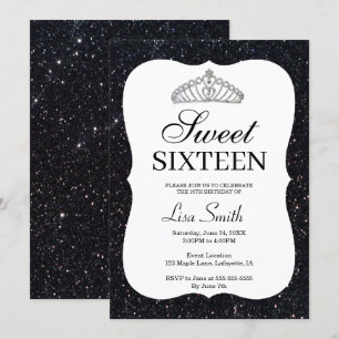 Convite Glitter Negro-Chic Elegante Tiara Sweet 16