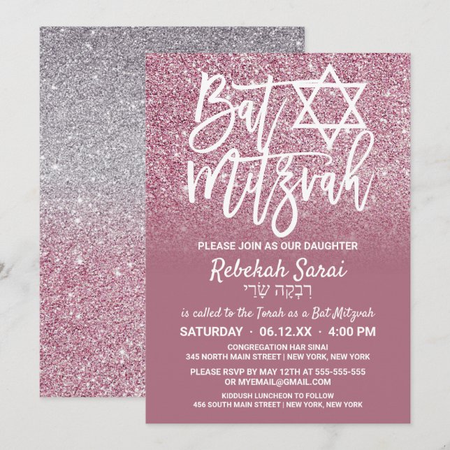Convite Glitter Ombre Bat Mitzvah, Faux Silver Rosa do Gab (Frente/Verso)