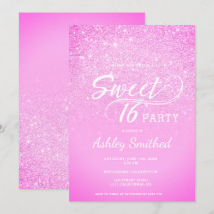 Convite Glitter ombre glam rosa moderno Sweet 16