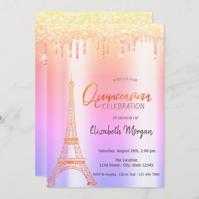 Convite Glitter Ombre, Torre Eiffel Quinceañera (Frente/Verso)