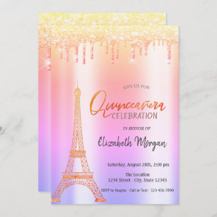 Convite Glitter Ombre, Torre Eiffel Quinceañera