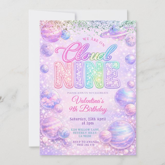 Convite Glitter Pastel Rainbow Space Birthday Party (Frente)