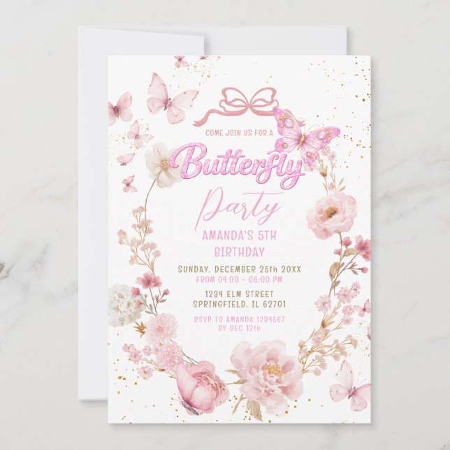 Convite Glitter Pink Garden Watercolor Butterfly Birthday (Frente)