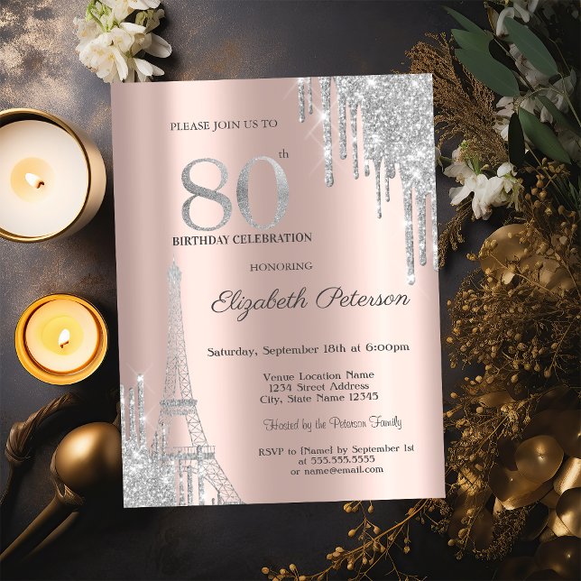 Convite Glitter prateado, 80 de torre Eiffel Aniversário (Criador carregado)
