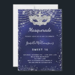 Convite Glitter prateado azul marinho mascarada Doce 16<br><div class="desc">Para um Mascarada elegante,  16,  16 anos. Um fundo azul-marinho de tendência,  a cor azul é irregular. Decorado com pó falso prateado brilhante e uma máscara de mascarada. Personalize e adicione um nome,  idade e detalhes da festa. O nome é escrito com um script de estilo manuscrito</div>