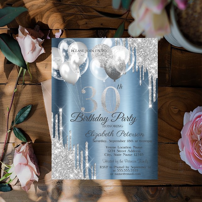 Convite Glitter prateado Balões 30 metálico azul (Criador carregado)