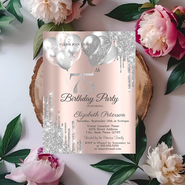 Convite Glitter prateado balões 75. º aniversário (Criador carregado)