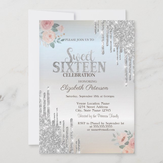 Convite Glitter prateado Boho Rosas Silver Sweet 16 (Frente)
