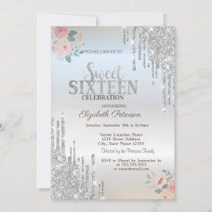 Convite Glitter prateado Boho Rosas Silver Sweet 16