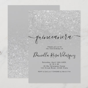 Convite Glitter prateado brilha cinza ombre quinceanera