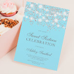 Convite Glitter prateado brilha gelo doce doce dezesseis<br><div class="desc">Um chá moderno,  bonito e elegante prata brilhante confetti e luzes brancas de cordas com bloco de cor azul de gelo convite de aniversário Sweet 16 .</div>