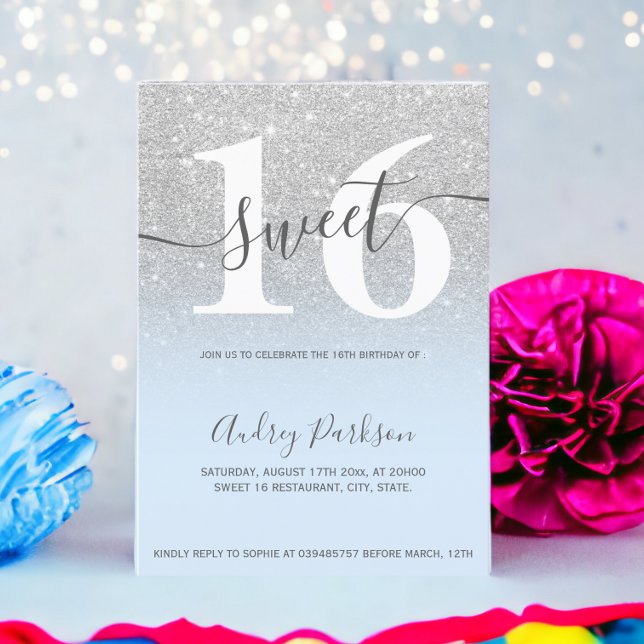 Convite Glitter prateado de gelo azul ombre - menina Doce  (Silver glitter ice blue ombre girly Sweet 16 Invitation)