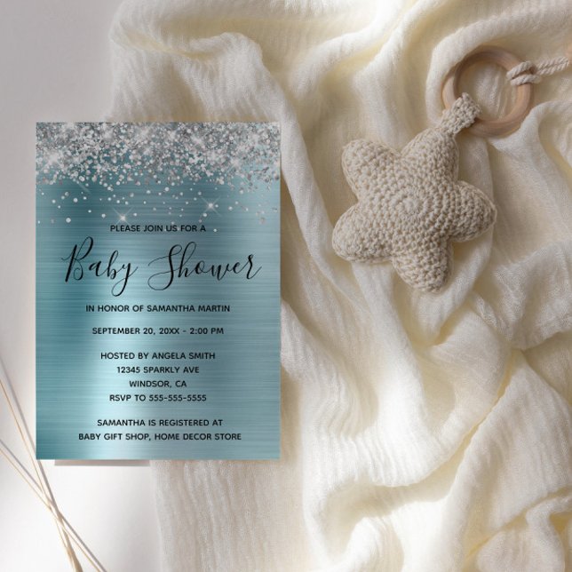 Convite Glitter prateado e Chá de fraldas de folha azul (Silver Glitter Light Blue Glam Baby Shower Invite)