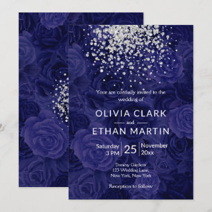 Convite Glitter prateado em Rosas azuis reais