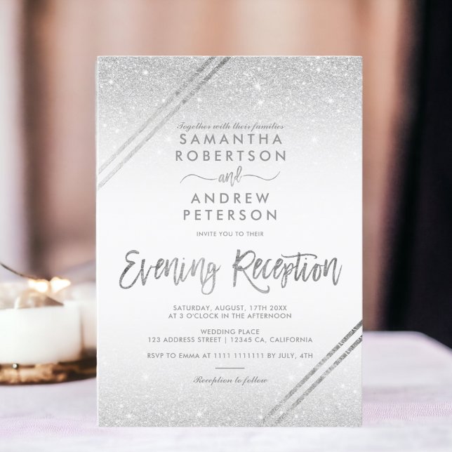 Convite Glitter prateado listras elegante guião casamento (Silver glitter stripes elegant script wedding invitation)