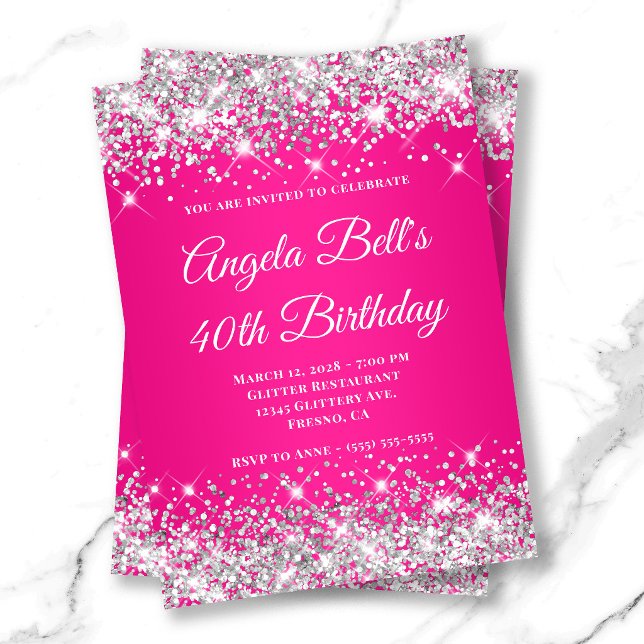 Convite Glitter Prateado Monograma Rosa Quarenta Aniversár (Silver Glitter Hot Pink Monogram 40th Birthday Invitation)