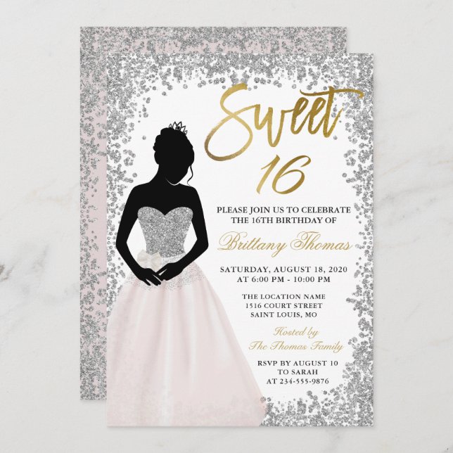 Convite Glitter prateado rosa Doce Dezesseis e Dezesseis e (Frente/Verso)